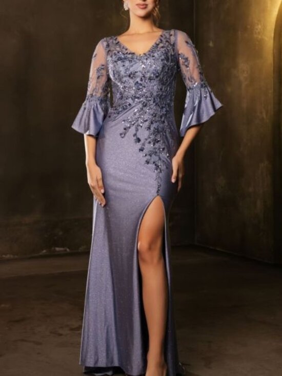 2163 Dresses & Skirts - BLUE FORMAL DRESS. ROSE GOLD MOTHER OF BRIDE PLUS SIZE SLEEVES BLACK SHEATH FIT
